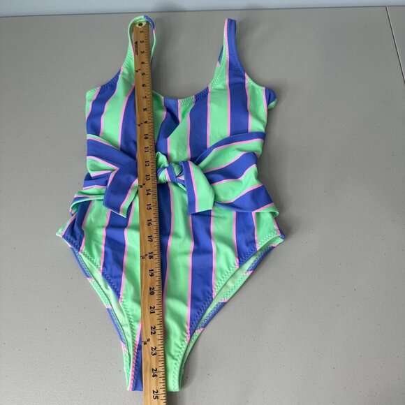 Fabletics Scoop Tie Back One Piece Swimsuit Small Stripe Green Purple - Picture 9 of 11